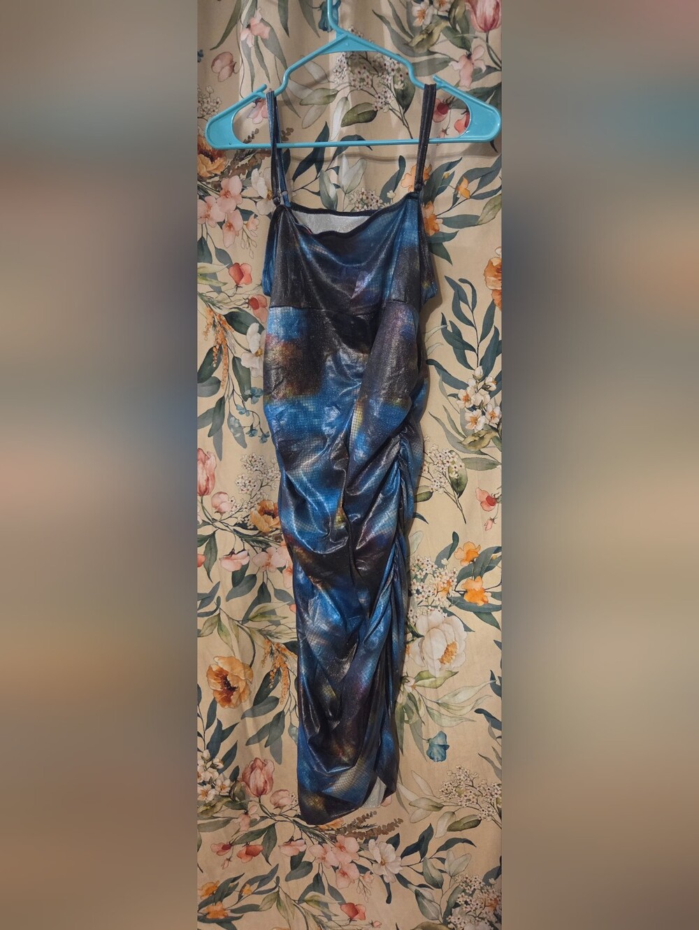 SHEIN Shimmery Blue Metallic Rusched Midi Carni Dress sz XXL Like New
